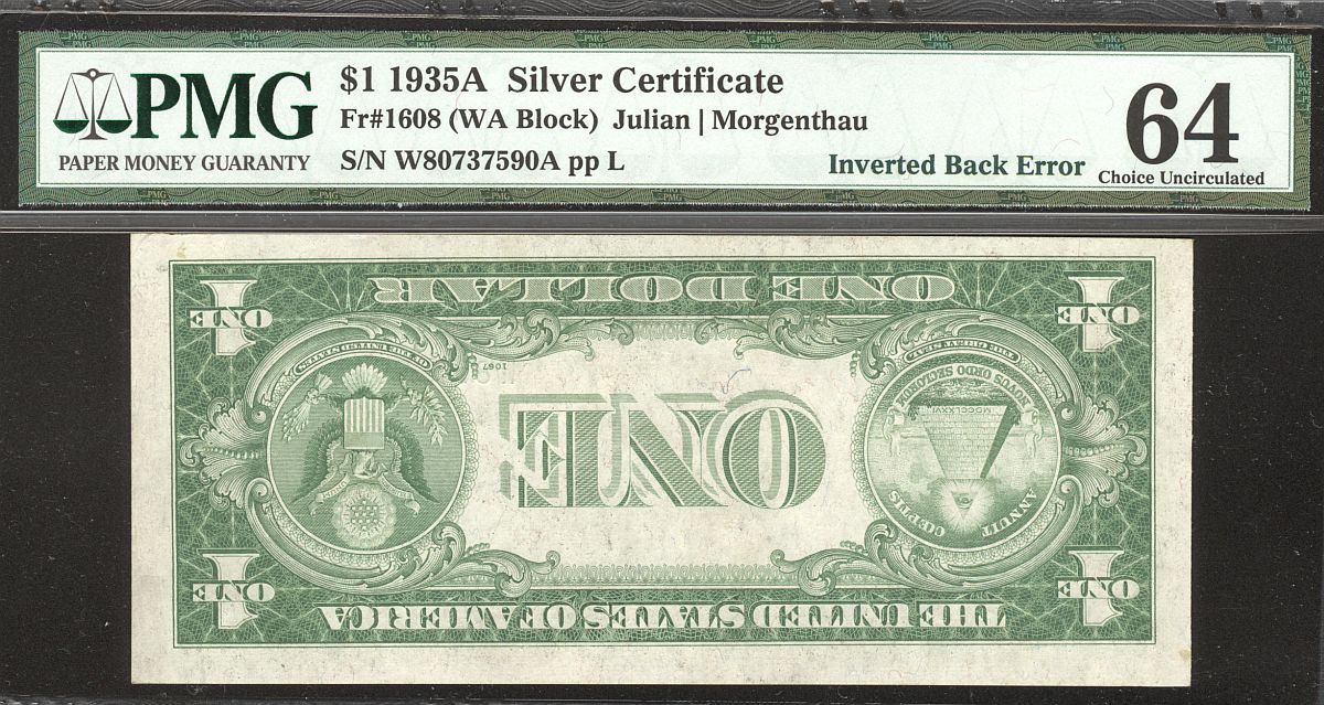 Inverted Back Silver Certificate Error, 1935A, Fr.1608, W-A Block No Motto $1, vChCU, PMG-64